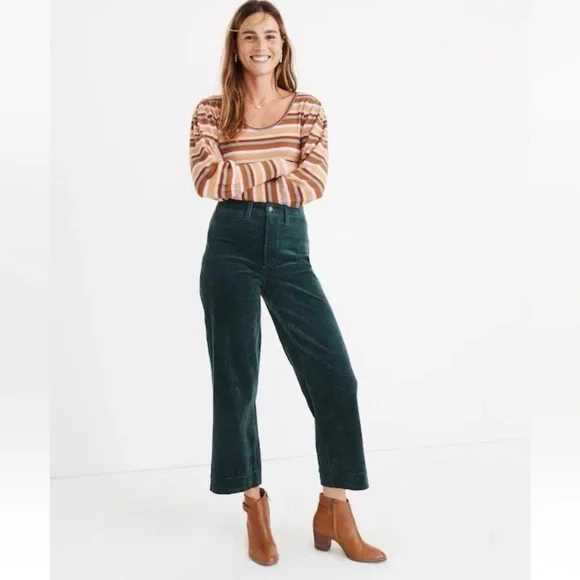 Madewell Slim Emmett Smoky Spruce Green Corduroy Crop Wide Leg Pants - Picture 1 of 8